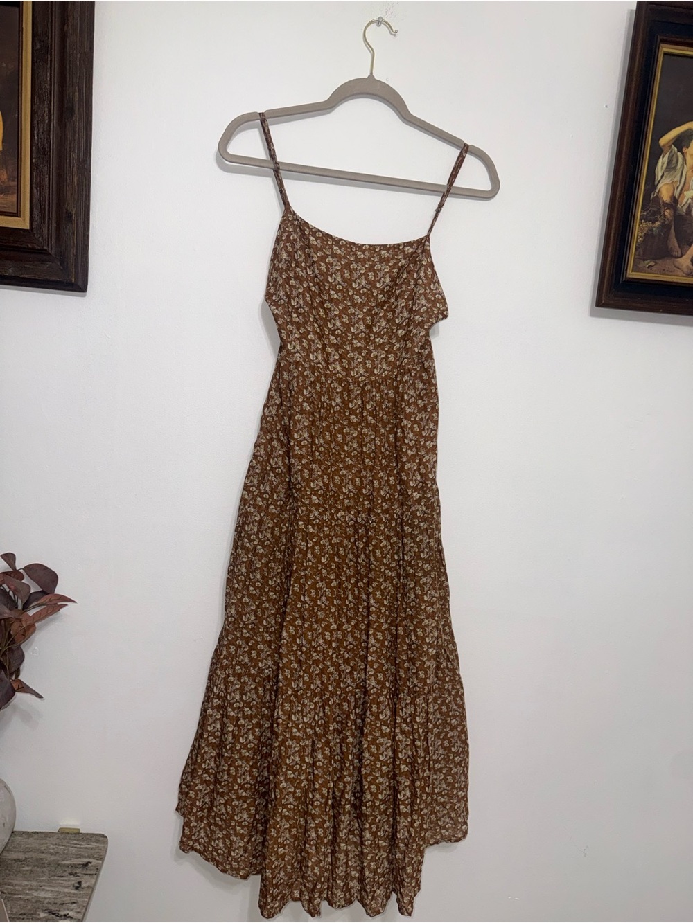 Brown Floral Midi Dress with Spaghetti Straps